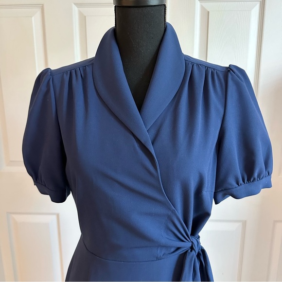 Peter Nygard Navy Blue Wrap Style Short Sleeve Dress with Scrolling Appliqué - Picture 3 of 10